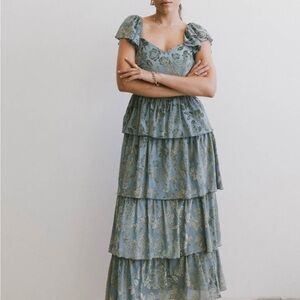 Bohme Gold and Blue Tiered Ruffled Maxi Dress